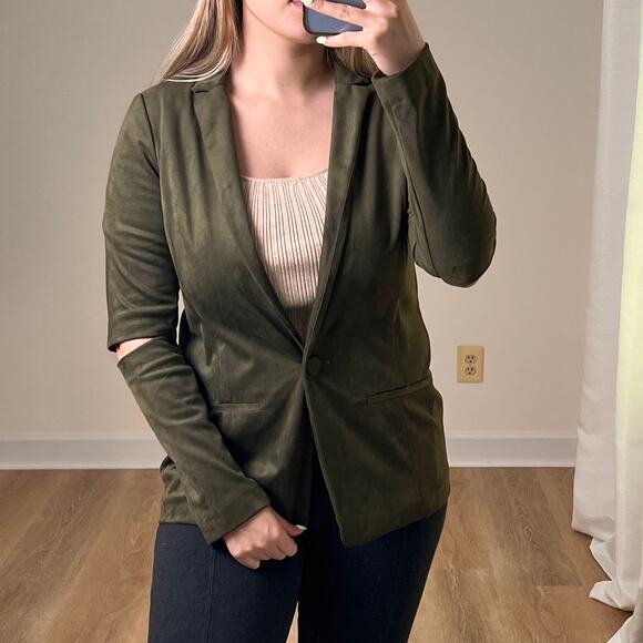 DREW Olive Green Faux Suede Single-Breasted Blazer Jacket S Elbow Cutouts - Picture 1 of 7